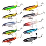 10Pcs Whopper Fishing Lure for Bass Popper Top Water Fishing Lures with Floating Rotating Tail Barb Treble Hooks in Saltwater Freshwater Plopping Lures Kit