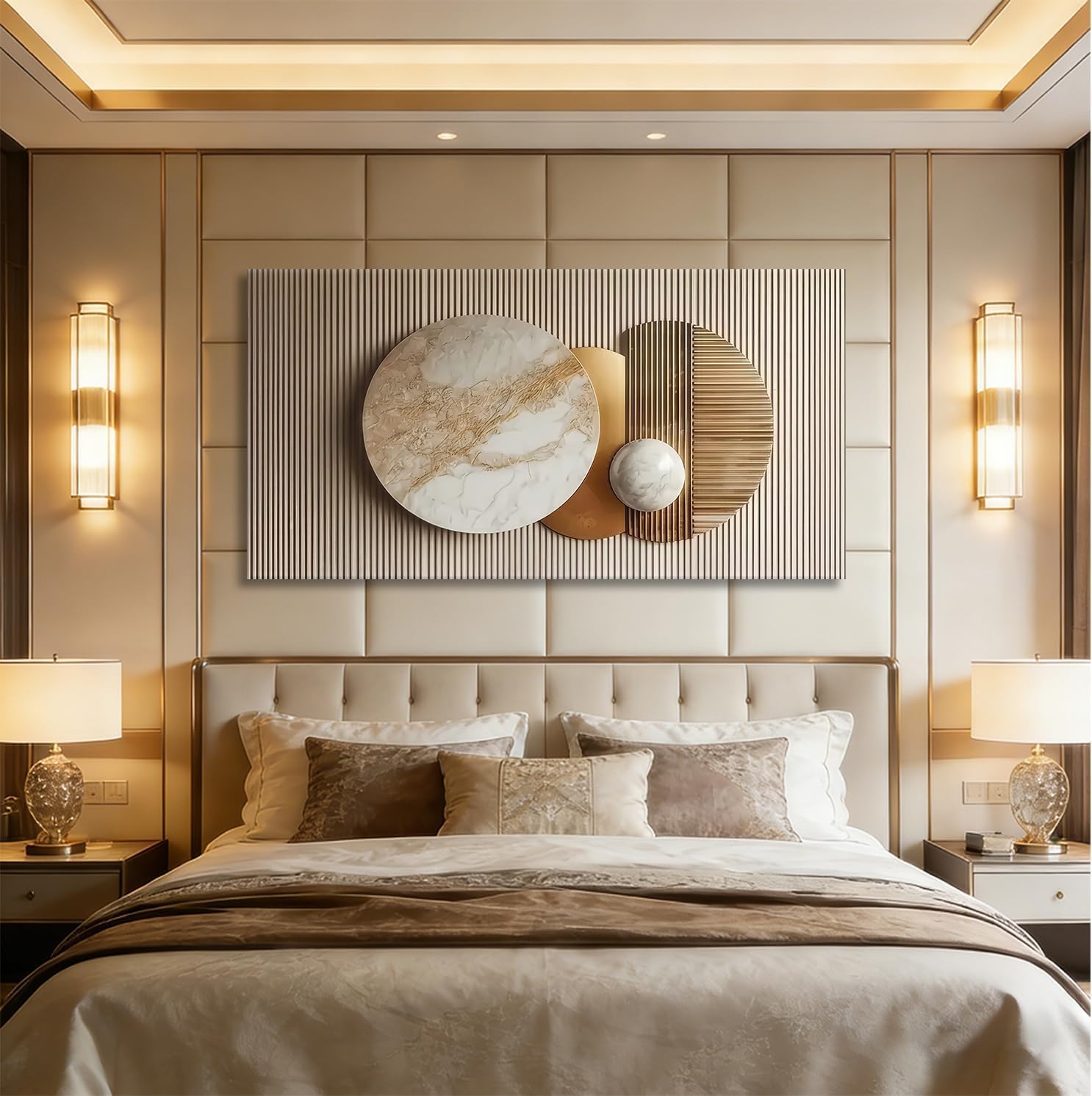 LZJAGXX Cuadro de pared grande con geometría dorada para sala de estar, pintura abstracta moderna y elegante de estilo cuadrado, obra de arte minimalista (65 x 130 cm/sin marco).