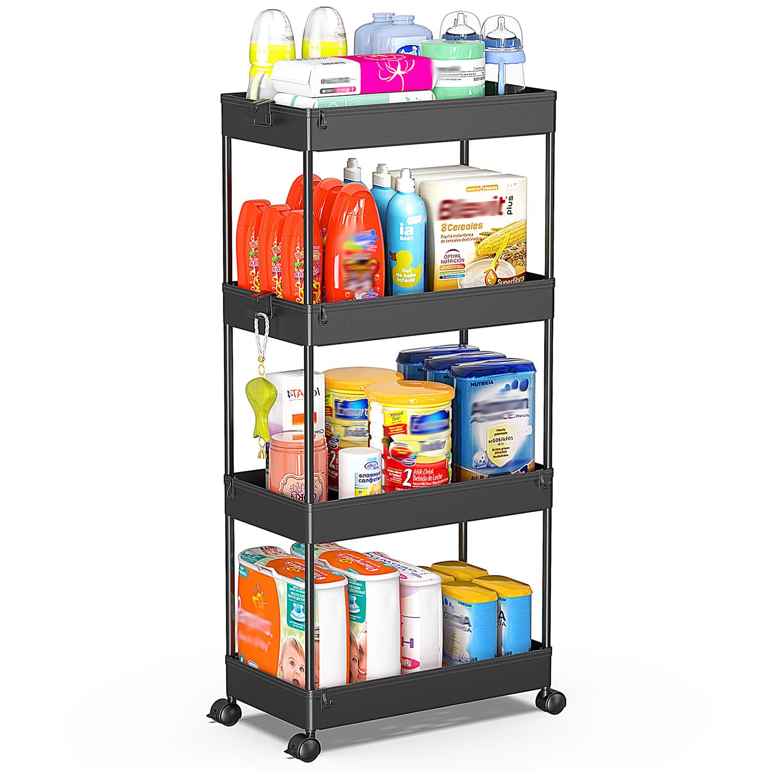 SPACEKEEPER Storage Cart 4-Tier, Bathroom Rolling Cart Utility Storage Organizer Shelf Mobile Shelving Unit for Kitchen Living Room Bathroom Laundry