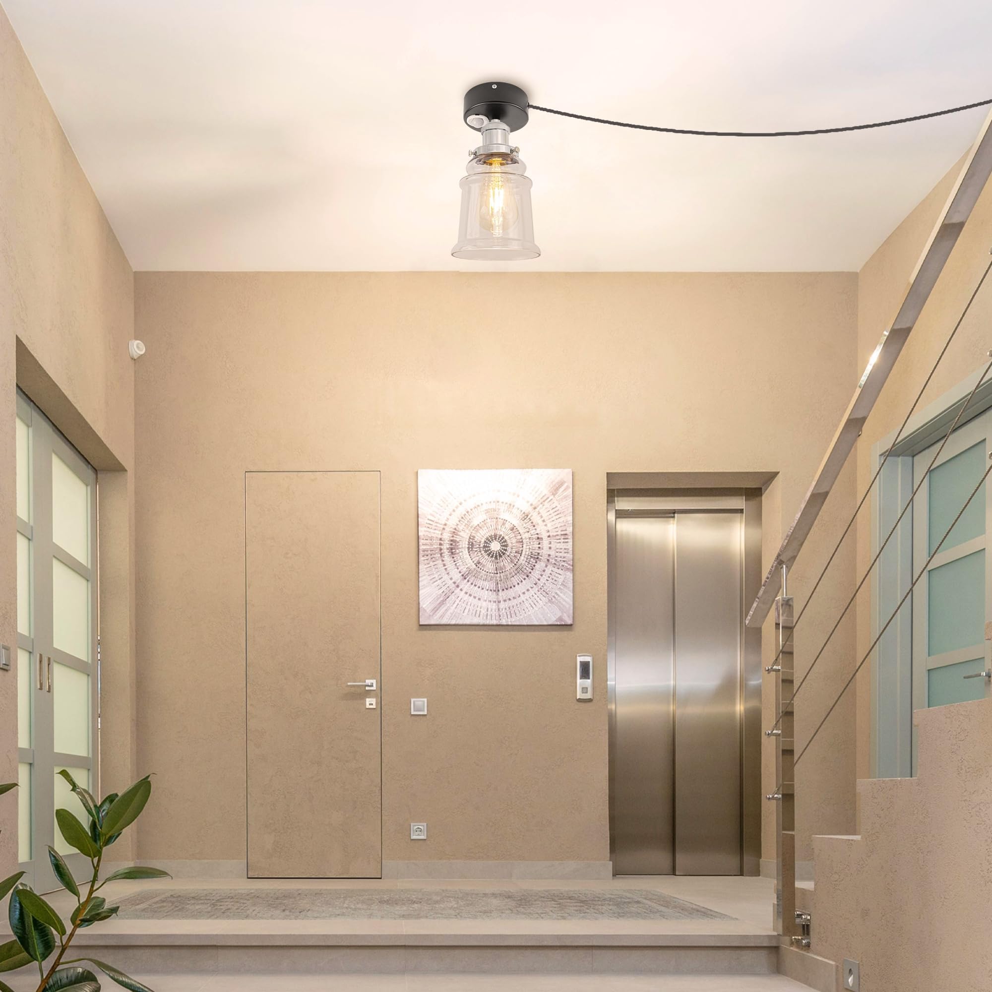Plafoniera con sensore di movimento interno, in vetro industriale, con sensore di movimento radar con cavo da 4,5 m e portalampada E27, per scale, garage, corridoio, bagno, argento