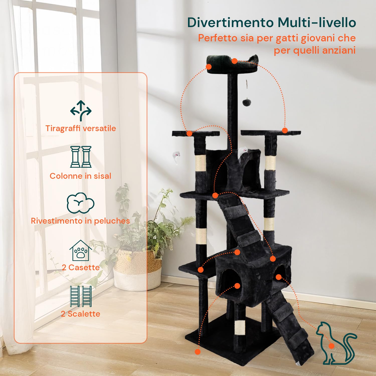 Tiragraffi XXL 170cm con Doppia Cuccia per Gatti Adulti, Albero Giochi in Sisal e Peluche, Piatteforme Relax, Ampio e Sicuro per il Massimo Divertimento dei Gatti Nero