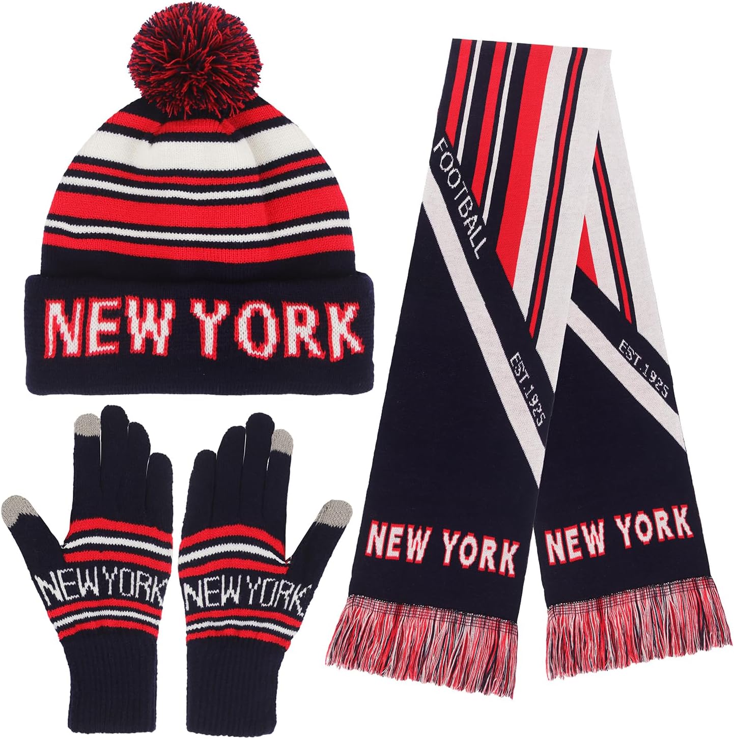 3 Set Winter Fashion Beanie Hat Knit with Warm Gloves and Scarf for Football Baseball Fans