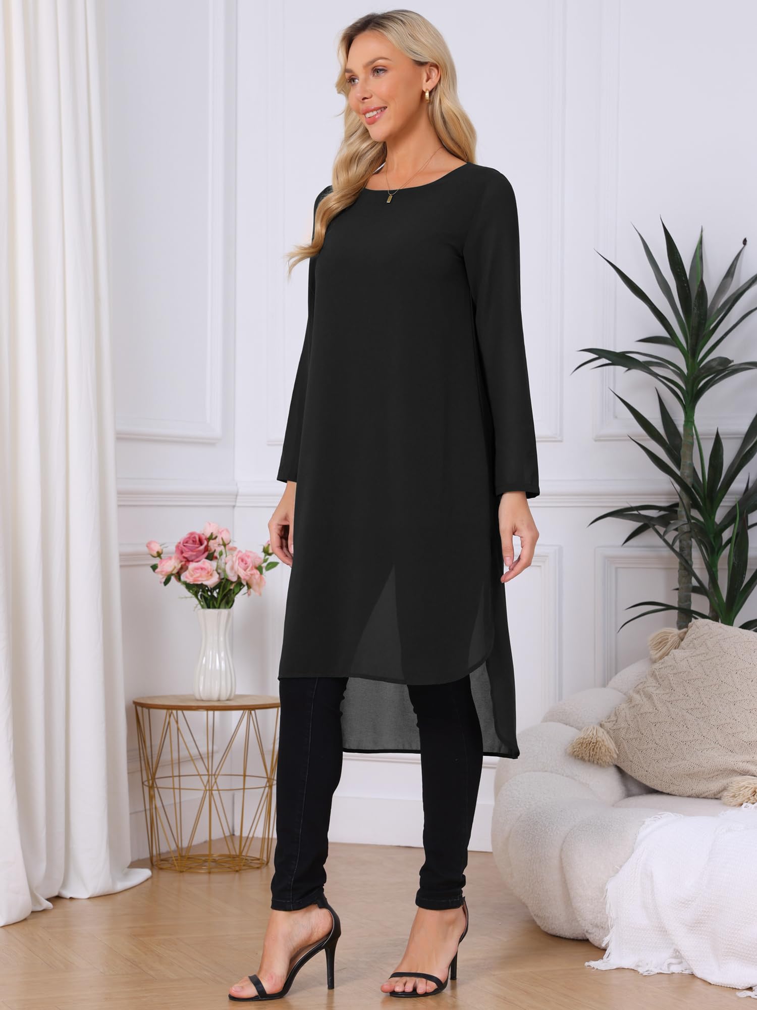 Seta T Camicetta da donna in chiffon, con scollo rotondo, asimmetrica, a maniche lunghe, con spacco laterale, casual