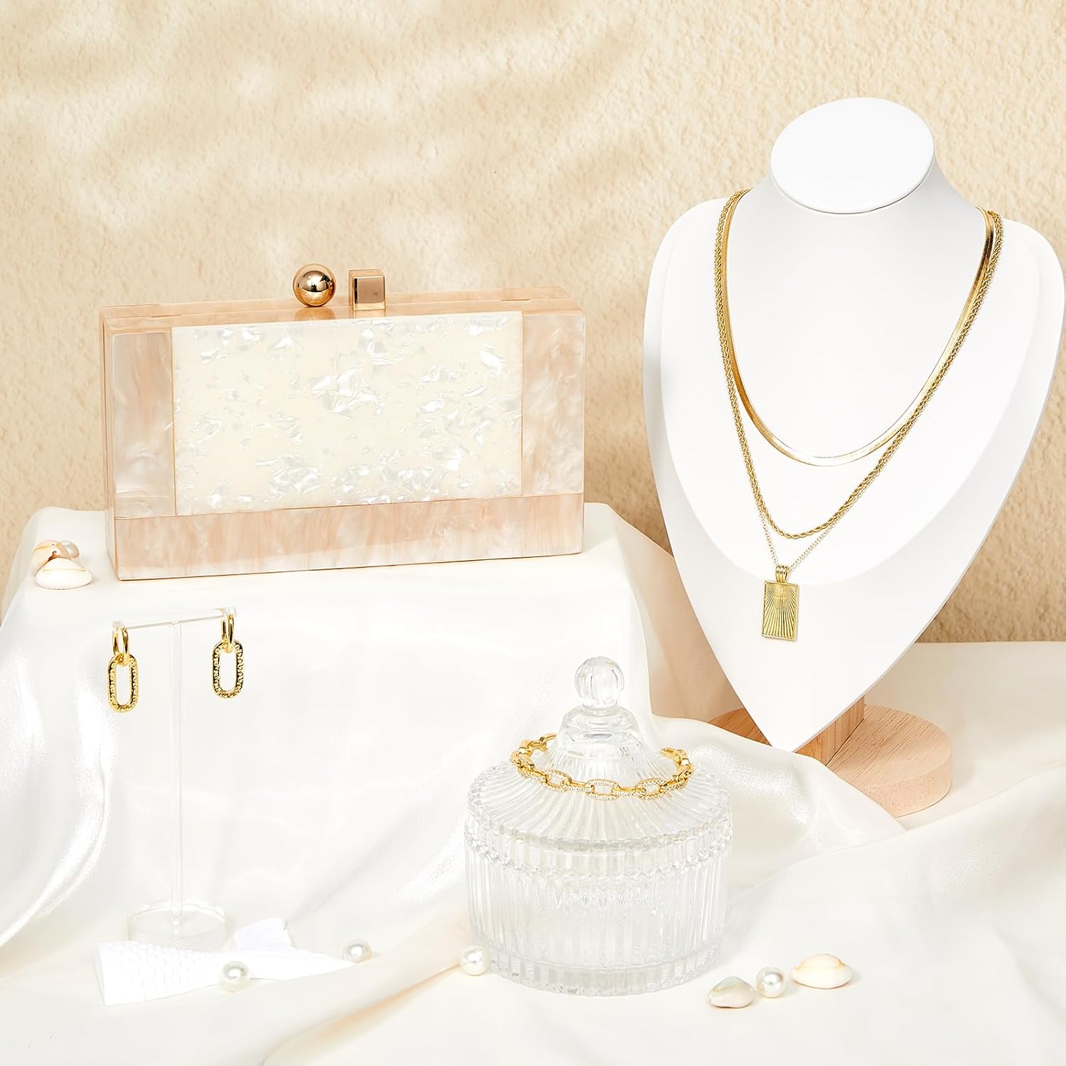 4 Pcs Acrylic Clutch Bag for Women Evening Handbag Gold Layered Necklace Bracelet Earrings Set for Wedding Party - Image 4