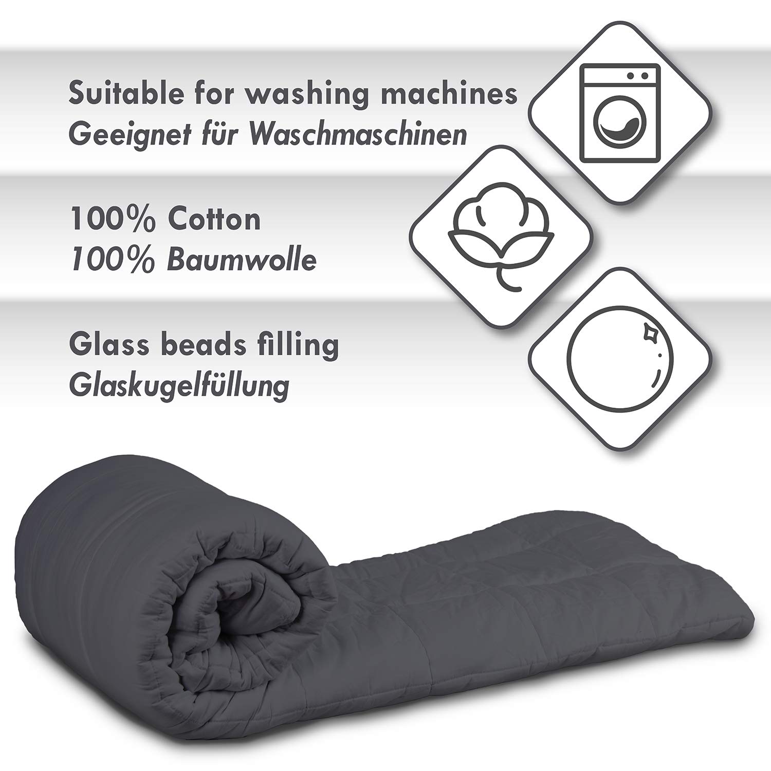 Feluna® Gewichtsdecke 8 kg, schwere Therapiedecke 155x200 cm Baumwolle | Fördert tiefe Entspannung, auslaufsicheres 7-Lagen-Design mit Glasperlen, Anti-Stress Weighted Blanket, grauer Baumwollsatin