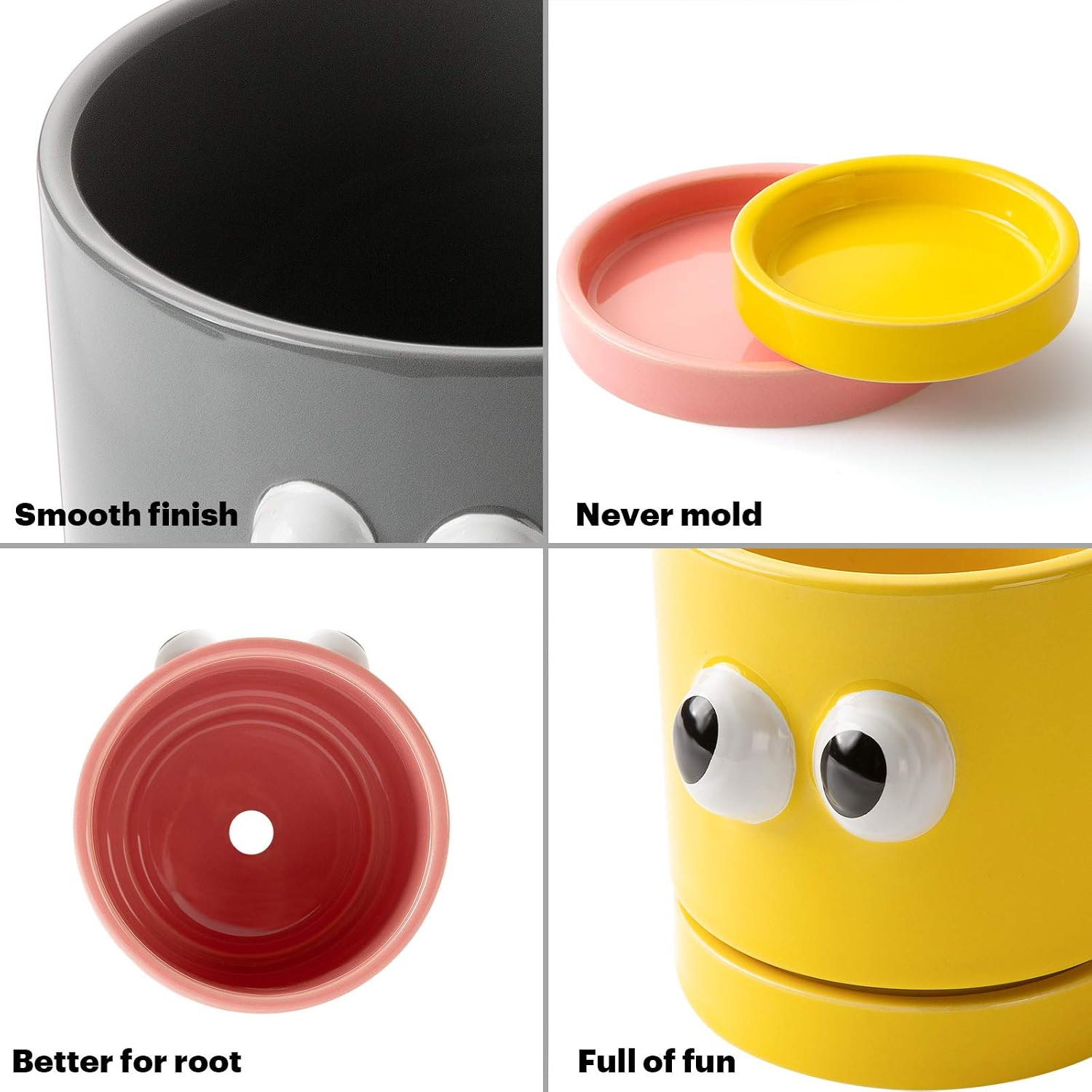 3pcs Plant Pots Yangbaga 5.9+3.9+3.1inch Succulent Pots Ceramic with Saucer, Round Cute Modern Decorative Flower Pots Planters with Drainage Hole for Indoor & Outdoor Garden -Gray Pink Yellow
