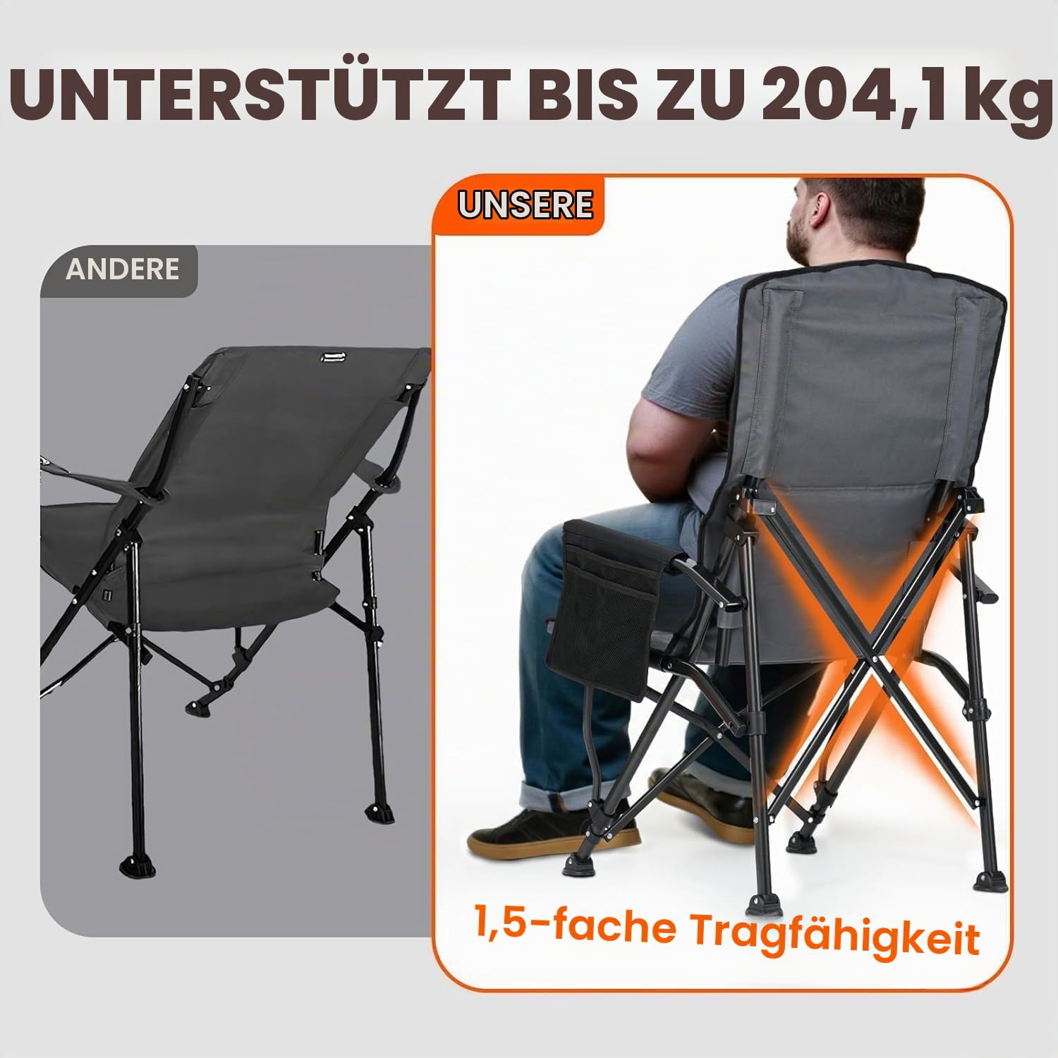 OVERMONT Campingstuhl Hochlehner Faltbar mit Kopfstütze - Klappstuhl Tragbar bis 226 KG - Gartenstuhl Klappbar mit Gepolstert Armlehnen - für Outdoor Wandern Picknick