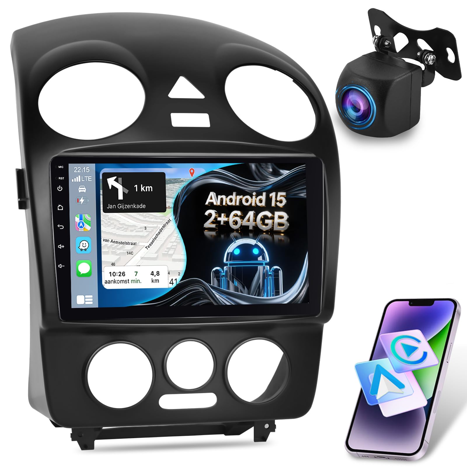 2+64G Wireless Carplay Android Car Radio for VW Beetle 2004-2010, 9 Inch Touchscreen with Android Auto/DSP/Multiple UI/GPS/WiFi + AHD Backup Camera