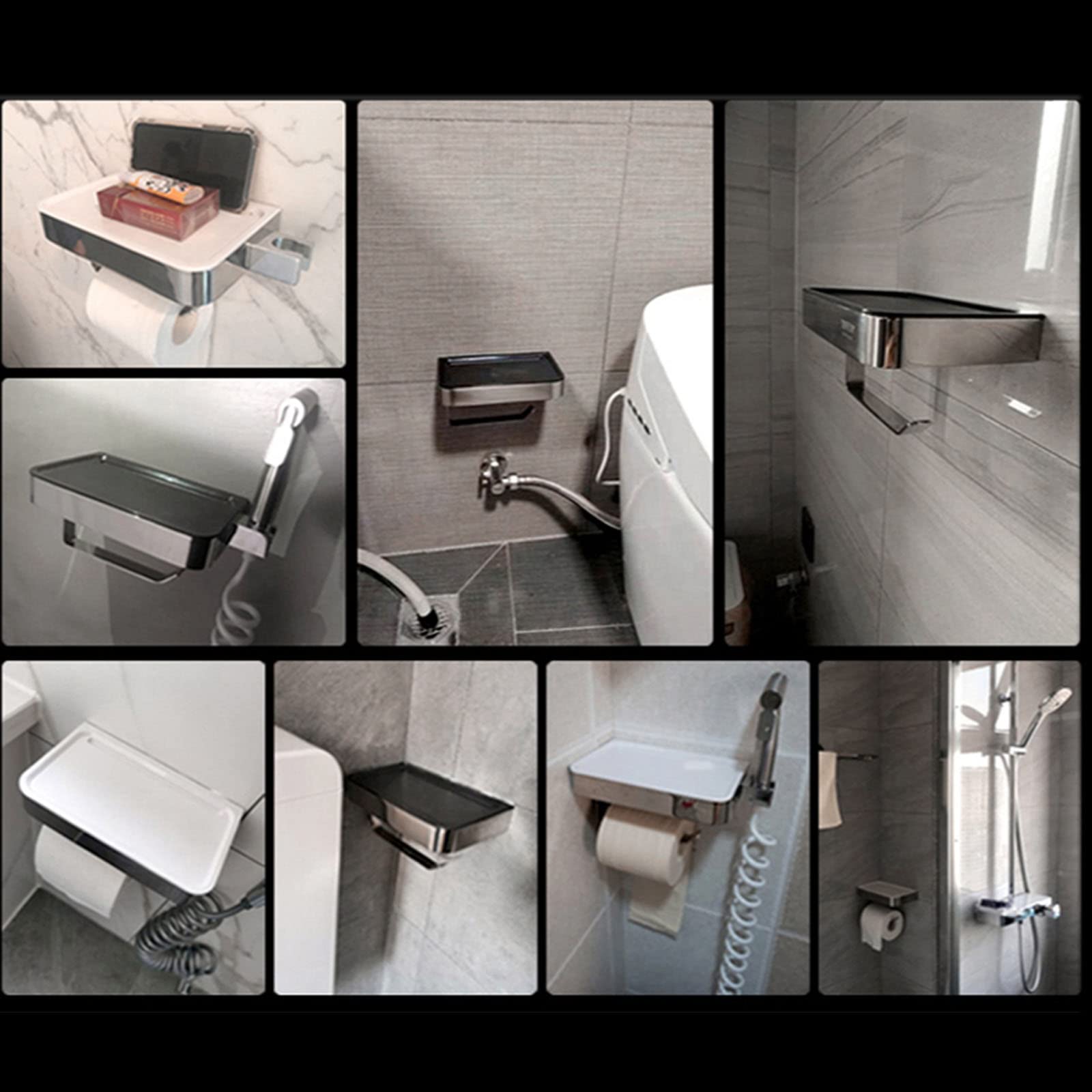 Portarollos Papel Higienico, portarrollos baño Adhesivo, Pulverizador de Bidé de Mano de Acero Inoxidable para Inodoro,con el Teléfono Móvil Estante de Almacenamiento,Blanco,Bright