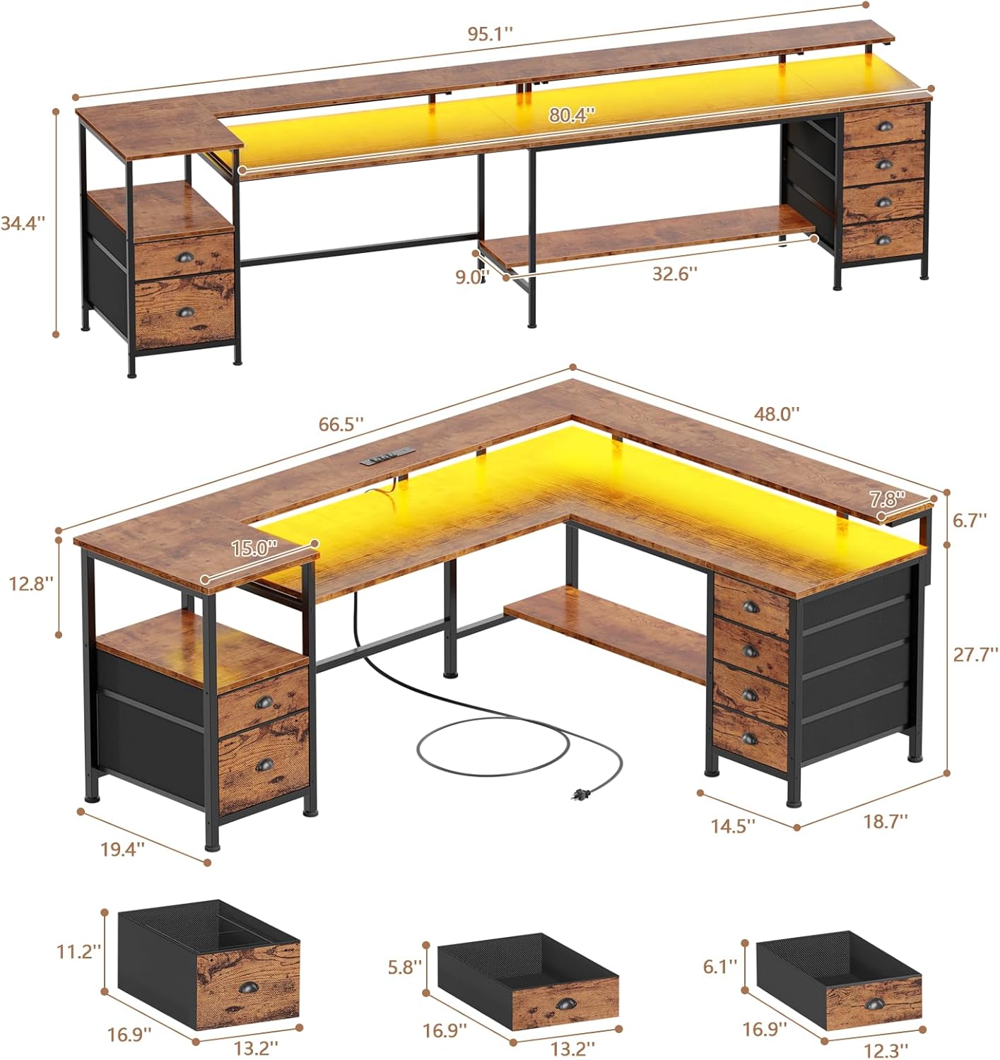 Assembly diagram showing the dimensions and various configurations of the L-shaped desk.