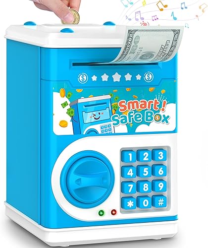 Alcancía azul para niños, banco electrónico de monedas, tarro de dinero seguro para niños de 4 7 8 9 10 11 años con bloqueo de código de contraseña