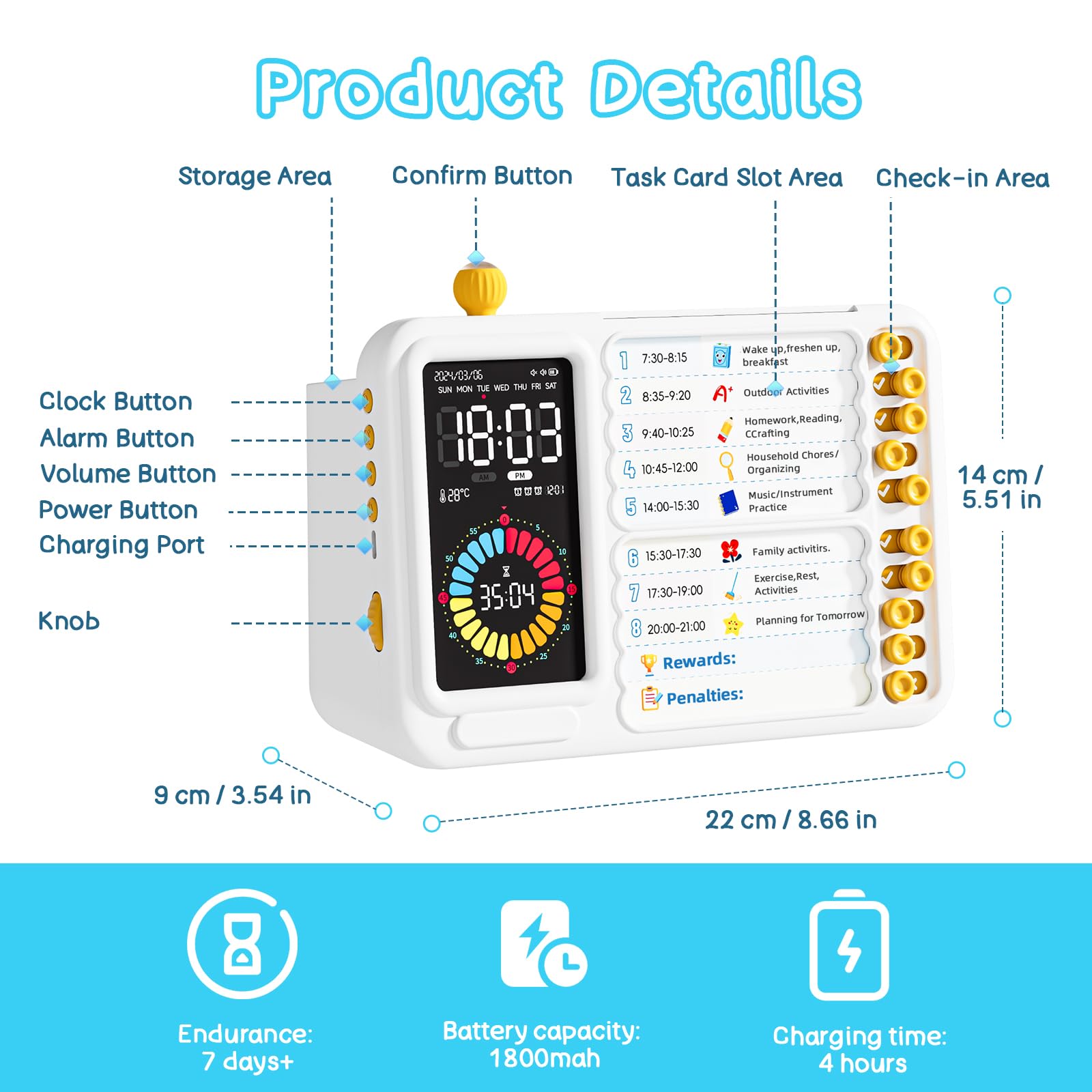 AFAITH Minuteur Enfant Timer Visuel Minuteur de Cuisine Pomodoro Timer Enfant Apprentissage Tdah Outils Compte à rebours de 60 Minutes écran géant(Blanc et Jaune)