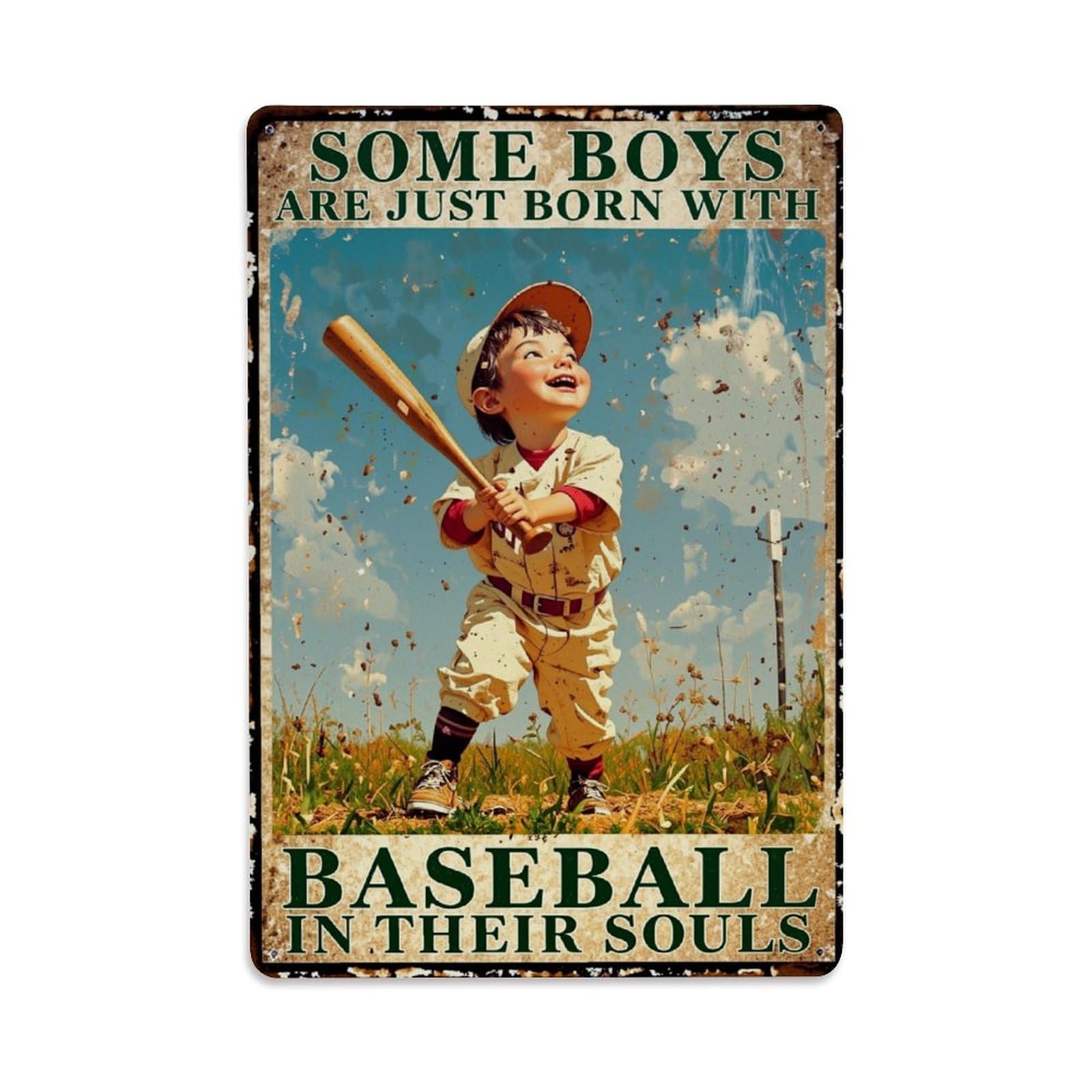 Jdyaojiesheng Boys Vintage Baseball Bat Sky Grass Tin Sign Retro Metal Wall Decor Metal Poster, Home Bar Garage Farmhouse Cafe Wall Art Decoration 8X12inches