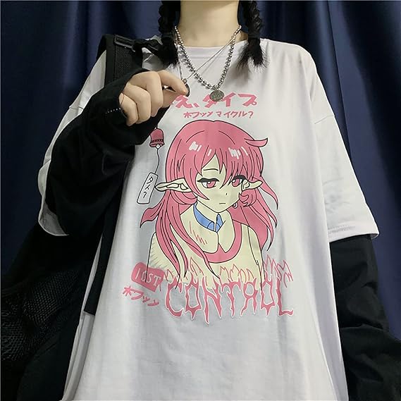 Amazon シャツ アニメかわいい女の子プリント 長袖 レディースファッション かっこいい 原宿系 病みかわいい おしゃれ ゆるい 春夏 コットン ピンク ブラック Tシャツ カットソー 通販