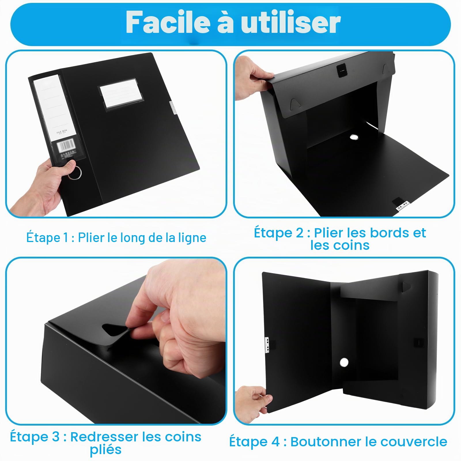WOPPLXY Lot de 8 Boite Archive, 31 x 23,5 x 7,5 cm Boite Archive Plastique Noir, Boite de Classement A4 pour le Bureau, la Maison, l'École (Dos de 75 mm)