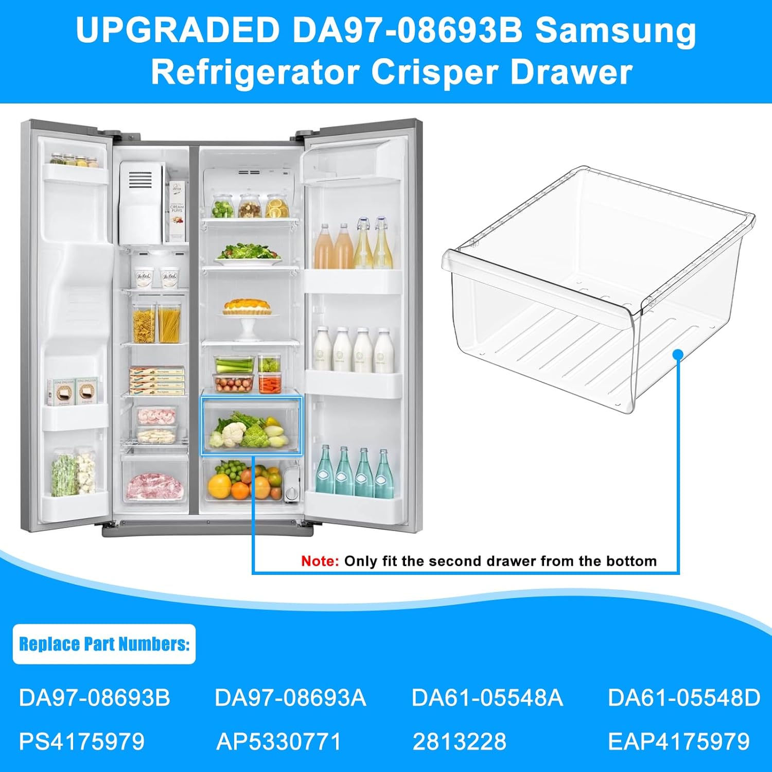 UPGRADED DA97-08693B Refrigerator Crisper Drawer Compatible with Samsung Refrigerator Drawer Parts RS25J500DSR RS25J500DSG RS261MDRS RS25H5000SR DA97-08693B Samsung Fridge Drawer Replacement Upper Bin