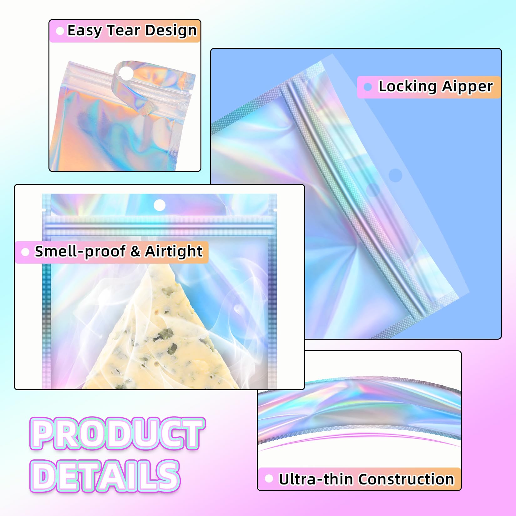 JETMORE Sacchetti in mylar, 200 sacchetti richiudibili, 14 x 20,3 cm, borsa olografica per forniture per ufficio, materiali artigianali, piccola borsa per cartoline, imballaggio dispensario di