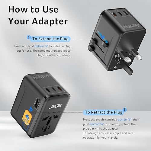 Miniatura 7 de Acer Adaptador de enchufe de viaje universal GaN de 45 W, adaptador de corriente internacional con 3 USB C y 1 USB A, toma de corriente en todo el