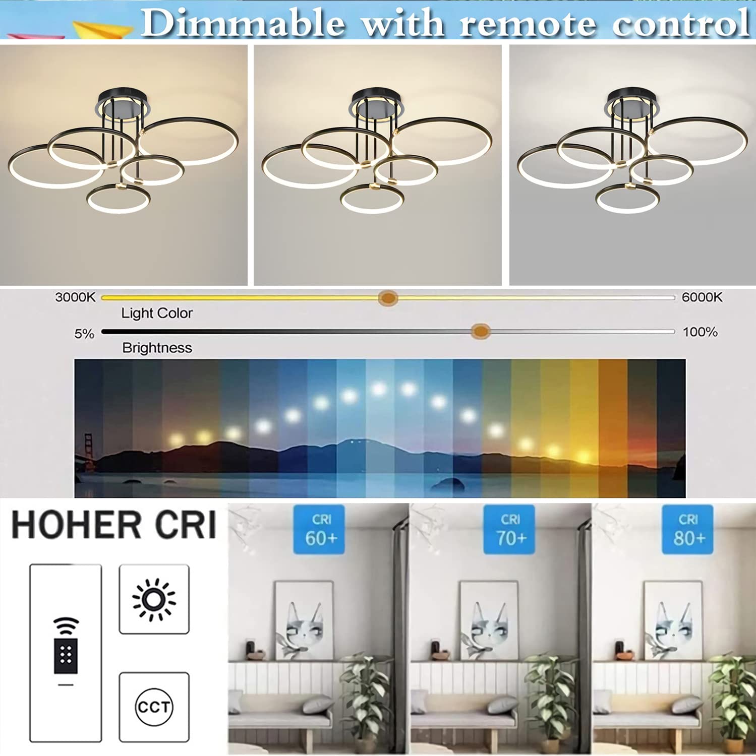 Lampa sufitowa Nowoczesna LED Ściemniana Czarna Lampa Sufitowa Pierścieniowa Z Pilotem Oświetlenie Do Sypialni Salon Kuchnia Jadalnia Przedpokój Lampa Wisząca (5 Pierścień/83cm/84W)