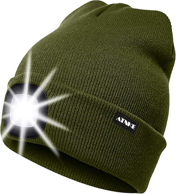 ATNKE LED Lighted Beanie Cap,USB Rechargeable Running Hat Ultra Bright 4 LED Waterproof Light Winter Warm Headlamp Gifts for Men and Women