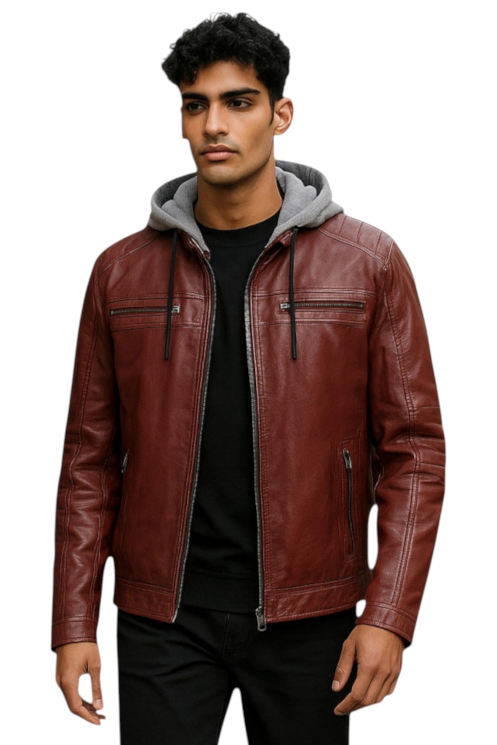 Infinity Leather Men's Red Hooded Ox Biker Real Lamb Leather Slim Motorbike Moto Casual Jacket
