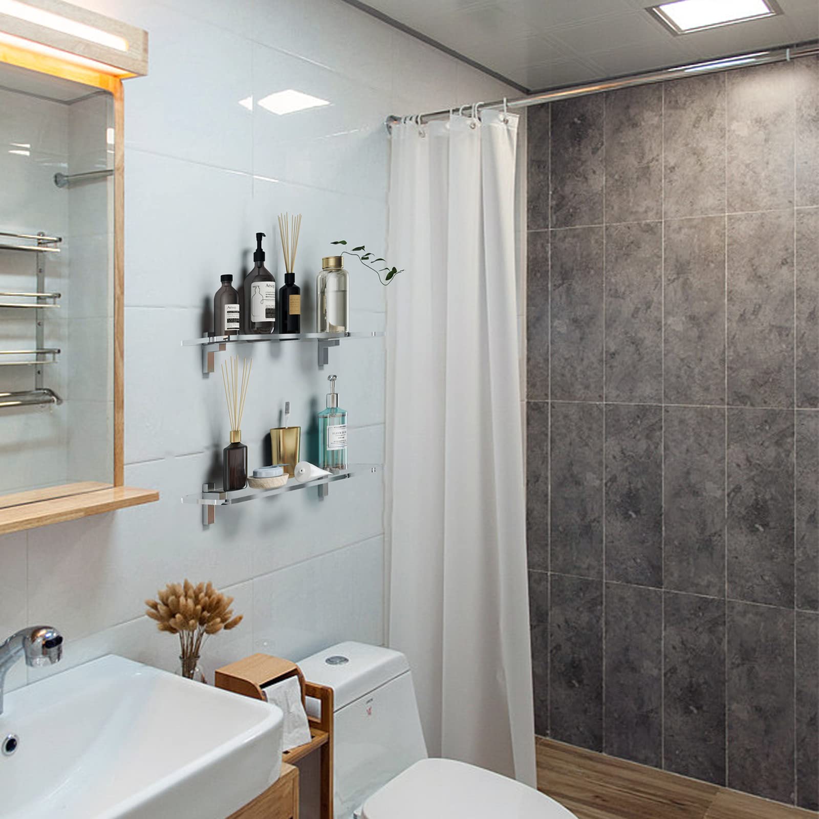 MEISHIDA Clear Acrylic Shelf, Set of 2 Invisible Wall Shelves Wall Mounted Display Shelf, Floating Shelves for Bathroom, Bedroom, Living Room, Kitchen, Office