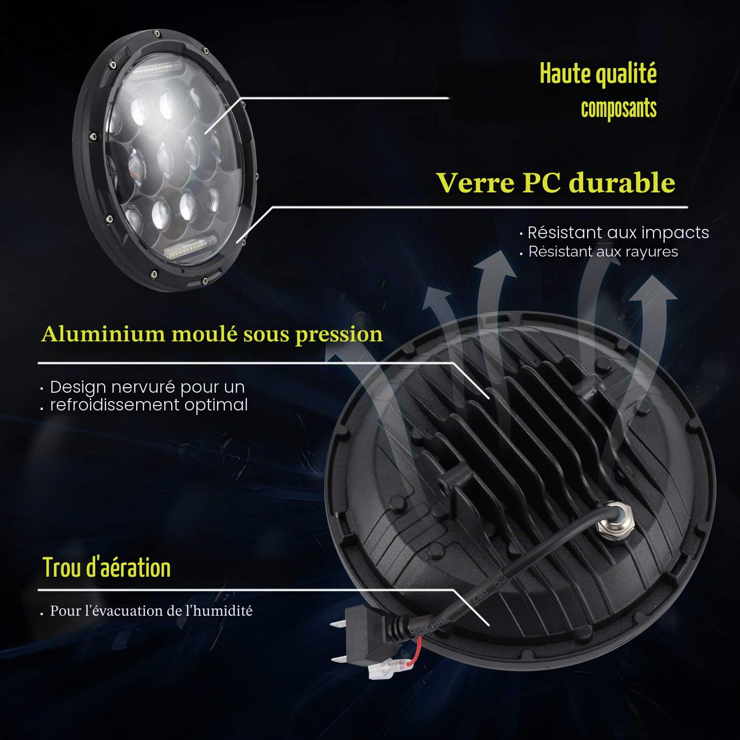 Ricoy Lot de 2 phares LED pour projecteur DRL 7" pouce 150 W avec feux de route pour moto Wrangler JK TJ LJ CJ 1997-2017
