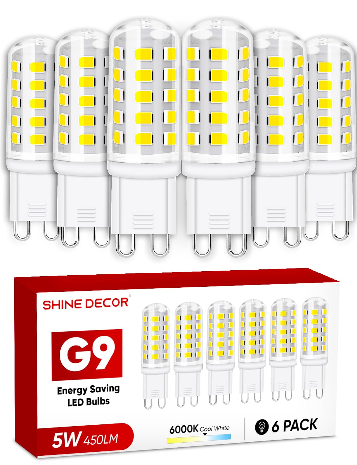 Shine DecorG9 Led Bulbs, 5W Cool White 6000K, Non-dimmable Energy Saving Light Bulbs, 450LM, Equivalent to 50W Halogen for Chandelier Ceiling Lights Wall Light, 6 Pack