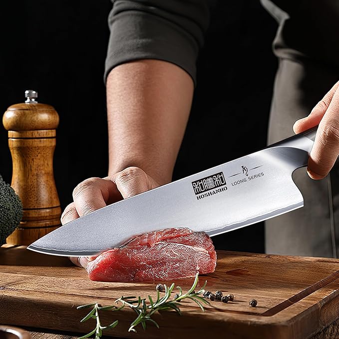 Crafted from Japanese 10Cr15CoMoV high carbon stainless steel, these knives promise remarkable durability and resilience. The precise heat treatment process used in manufacturing elevates the hardness to 58+2 HRC, ensuring long-lasting sharpness and reliable performance. Each knife features a razor-sharp edge, meticulously hand-sharpened by skilled craftsmen at a 15° blade angle. This exquisite craftsmanship ensures perfect balance between precision and durability, making every cut effortless and efficient.