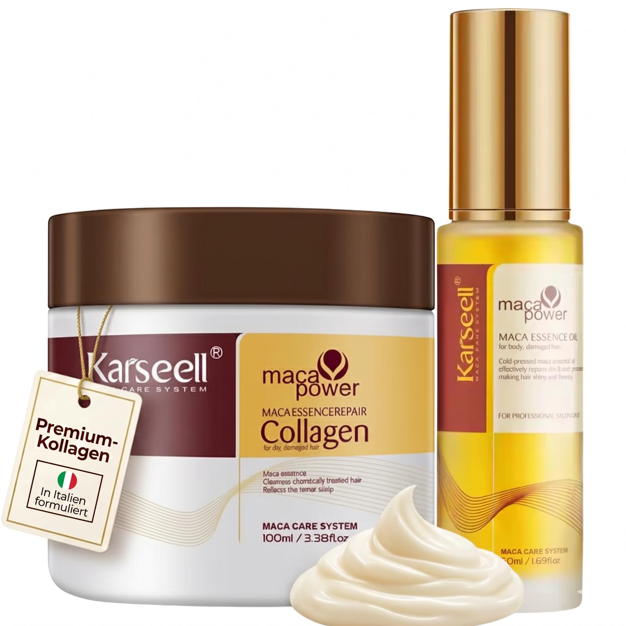 Karseell MACA CARE SYSTEM Set Haarmaske Kollagen 100ml + Arganöl-Serum 50ml Kokos Maca Tiefenreparatur Intensive Feuchtigkeit Anti Frizz Trockene Geschädigte Haare Professionelle Pflege Reisegröße