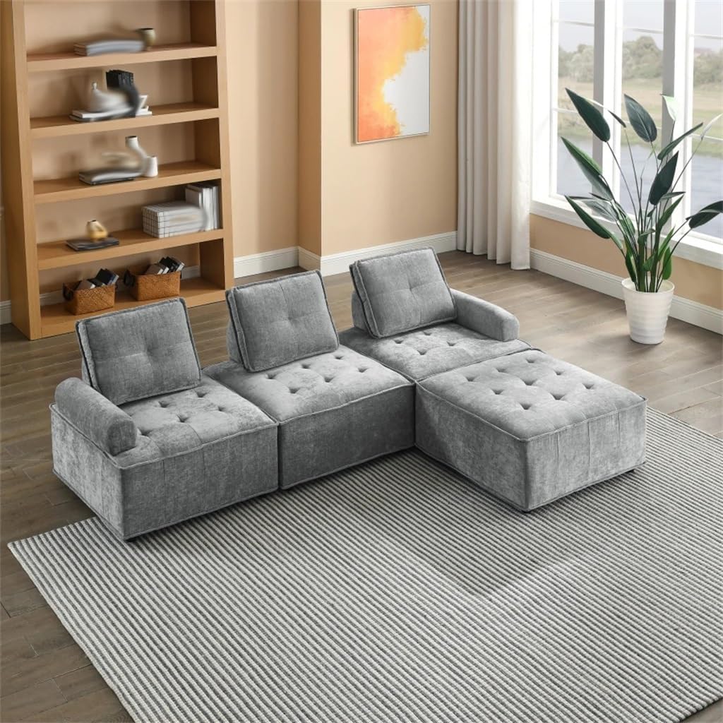 L-Shape Modular Sectional Sofa,Comfy Living Room with Sturdy Solid Wood Frame and Soft Chenille,Gray