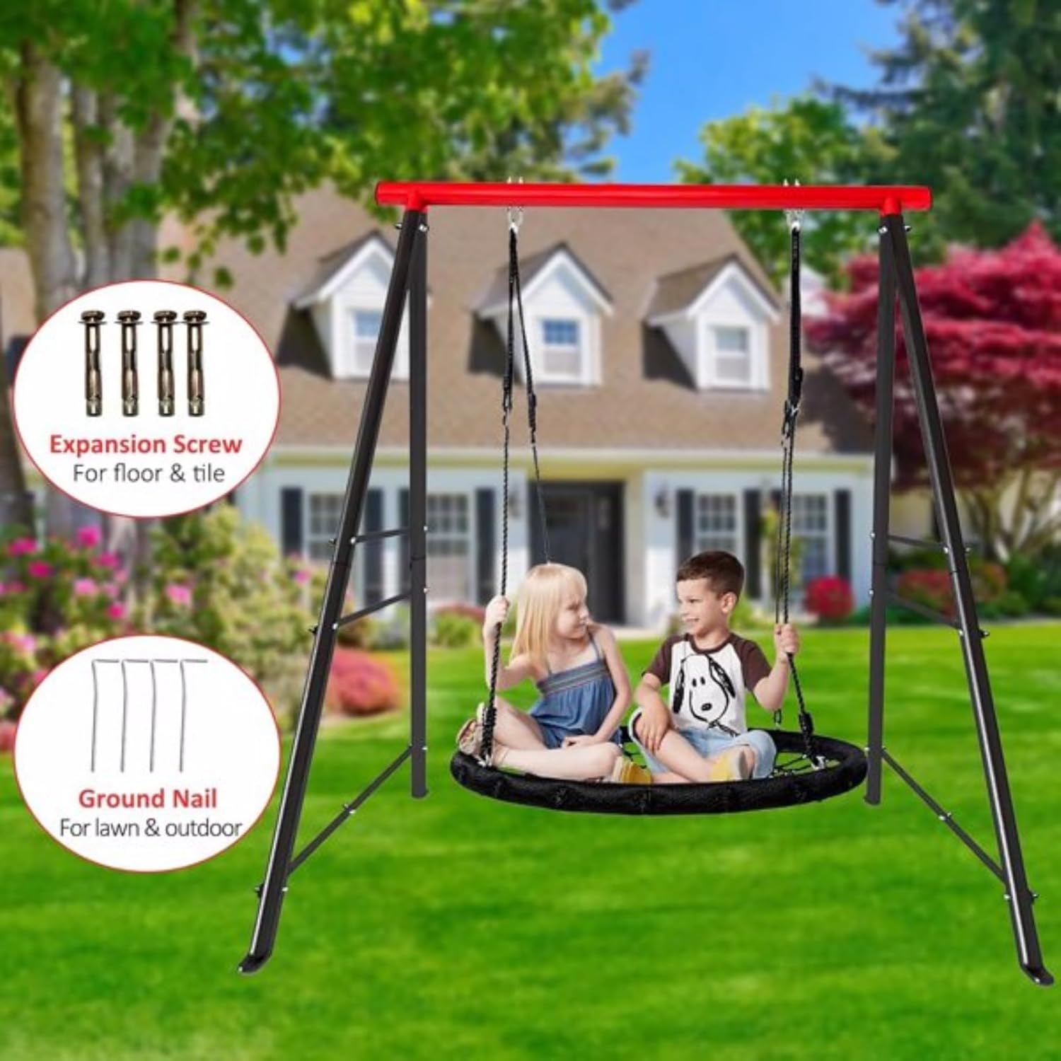 Porch Swing Set, Outdoor Swing, Heavy Duty A-Frame Swing Set, Pre-Drilled Holes, Easy Installation, 550-lb Weight Capacity, Backyard Outdoor Indoor, Red and Black (Swing Chair Not Included)