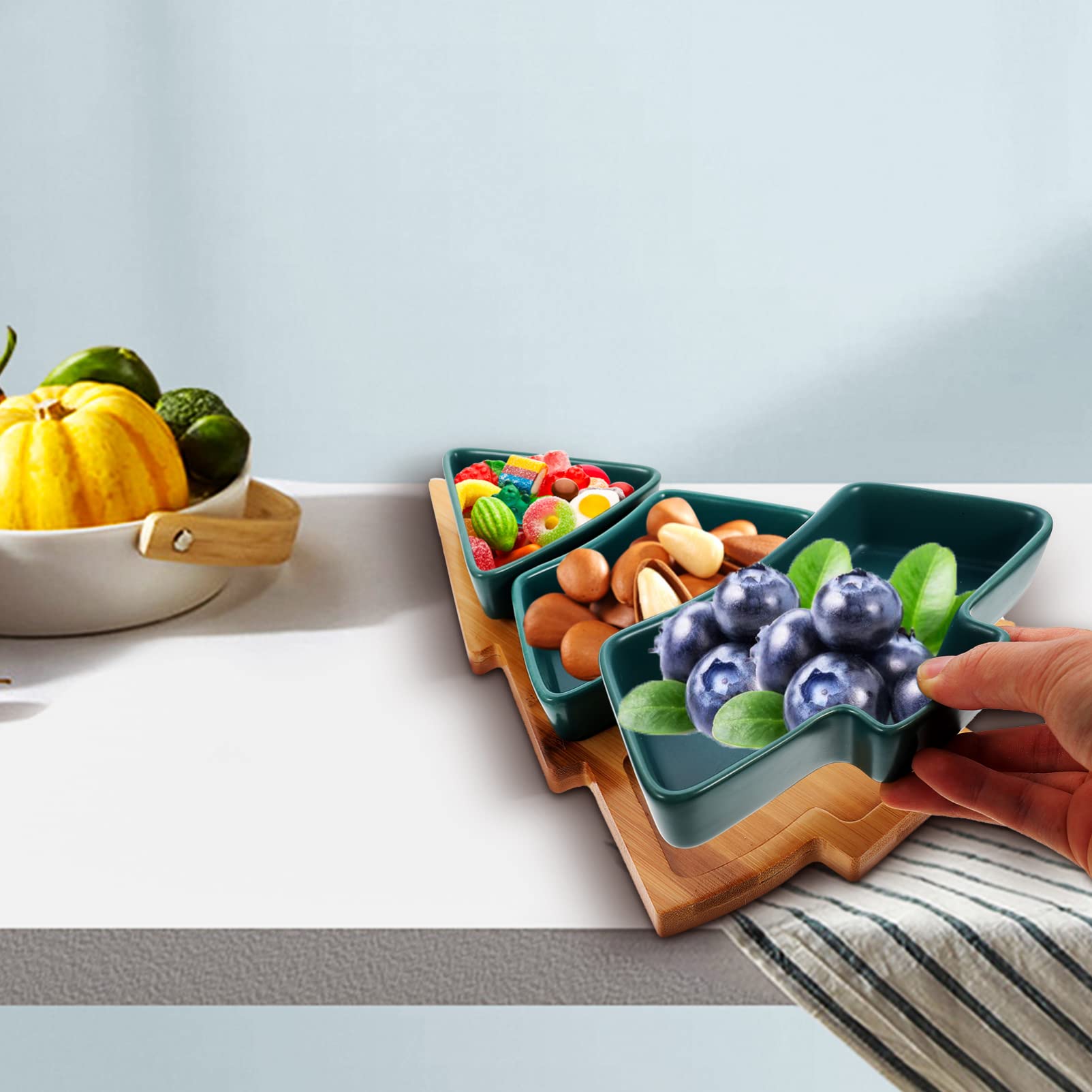 UPKOCH Christmas Tree Shaped Ceramic Snack Trays with Wooden Base, Green Appetizer Plates for Nuts, Candy Dessert, Holiday Party Serving Platter, 10.38in