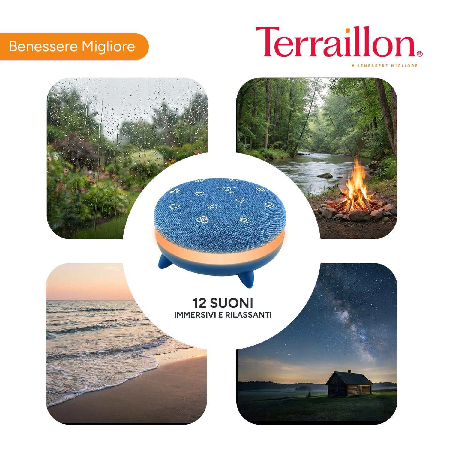TERRAILLON - ZEN BOX MEDITAZIONE - Assistenza per dormire, Meditazione e Rilassamento, 12 programmi Meditaiton guidata, 12 suoni rilassanti, 2 programmi addormentati, Bluetooth, USB-C