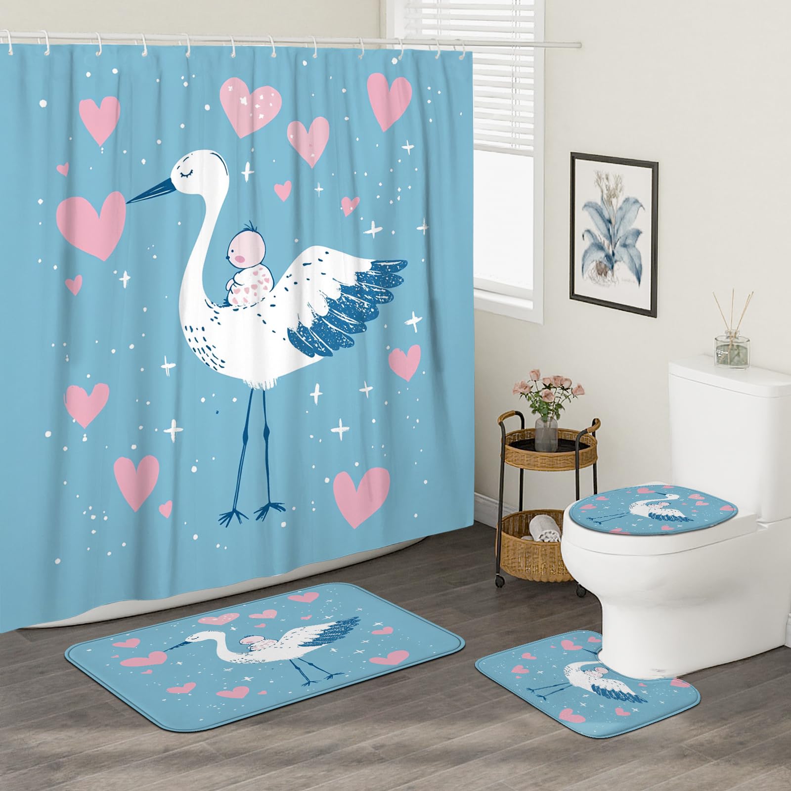 DESIHOM 4PCS Cute Cartoon Storks Shower Curtain Sets with Non-Slip Rug, U Shape and Toilet Lid Cover Mat, Funny Heart Kid Home Decor, Bathroom Accessory with 12 Hooks