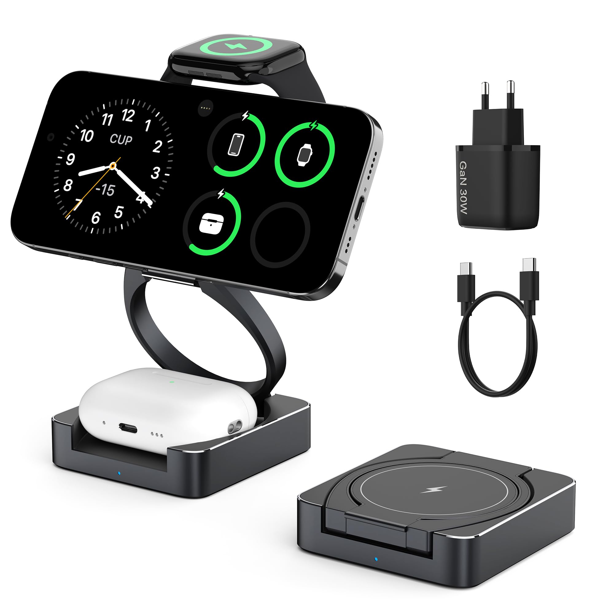 Chargeur Induction 3 en 1 Qi2 15W Magnétique en Aluminium pour iPhone 17/16/15 Pro Max, AirPods 4/3/2/Pro, Apple Watch S10/9/8, Station de Charge Rapide sans Fil pour Plusieurs Appareils