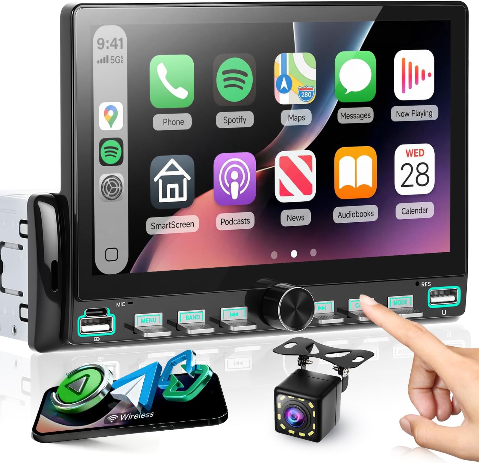 Single Din Car Stereo with USB/Type-C Piano Key Youtube, Hodozzy 7" HD IPS Touchscreen Single Din Radio with Wireless Carplay Android Auto Bluetooth EQ Mirrorlink FM SWC Reverse Camera
