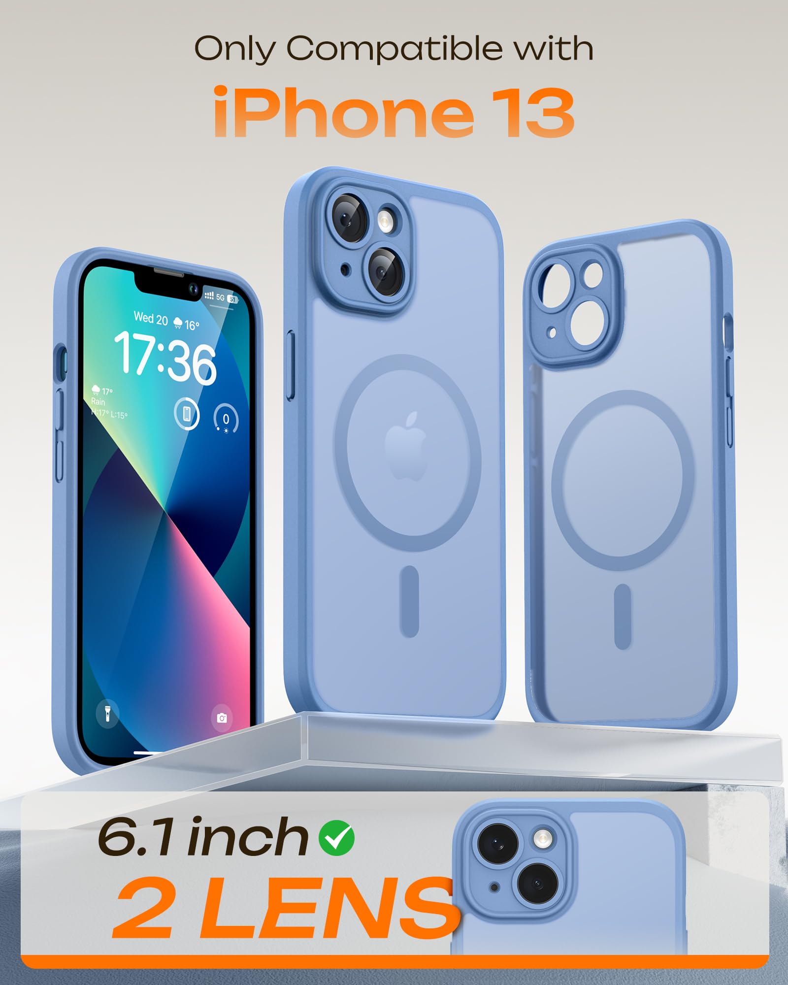 TOCOL Cover Magnetica per iPhone 13 6,1 Pollic, Compatibile con MagSafe, Protezione Fotocamera Integrata, Custodia Antiurto Traslucida Opaca, Blu Chiaro