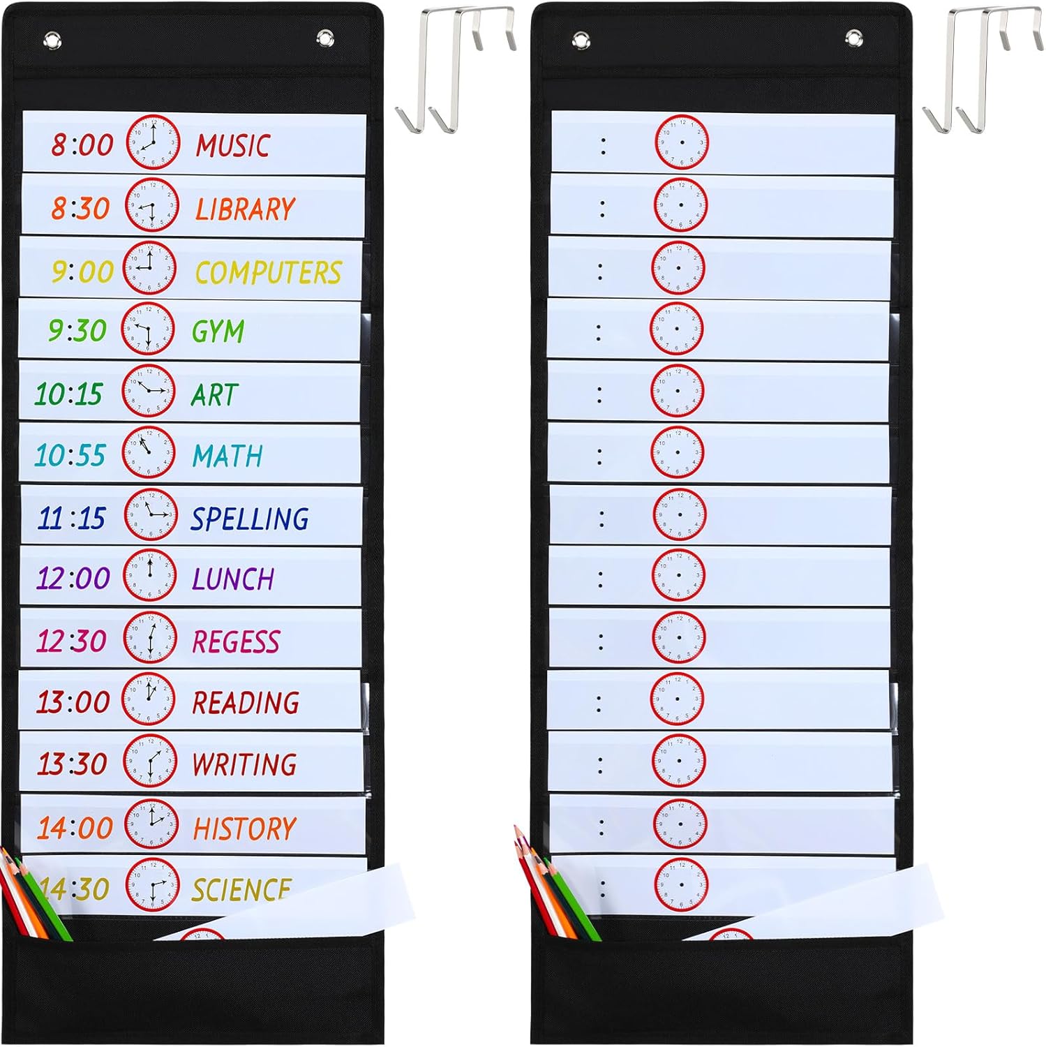 Seajan 2 Sets Daily Schedule Pocket Chart 13+1 Pockets Scheduling Pocket Chart Each Include Dry Erase Cards Hanging Hooks for Classroom Teacher Reusable Office Home Preschool Activity