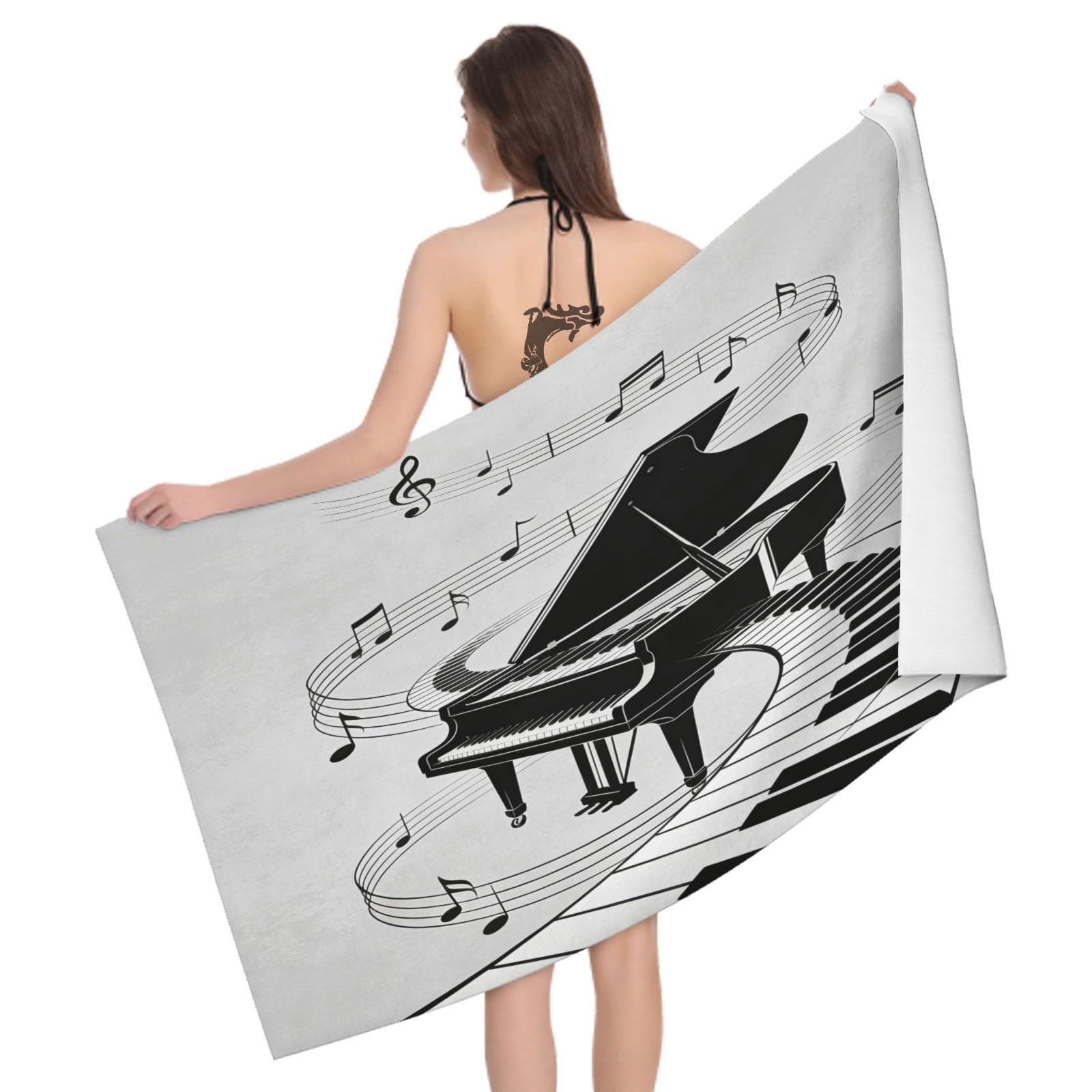 Leichong 3D Cartoon Piano Beach Towel Large Microfiber Soft Quick Dry for Adults, Music Theme Bath Towel Lightweight Soft Absorbent for Travel Swimming Pool Sports, 180 x 90 cm