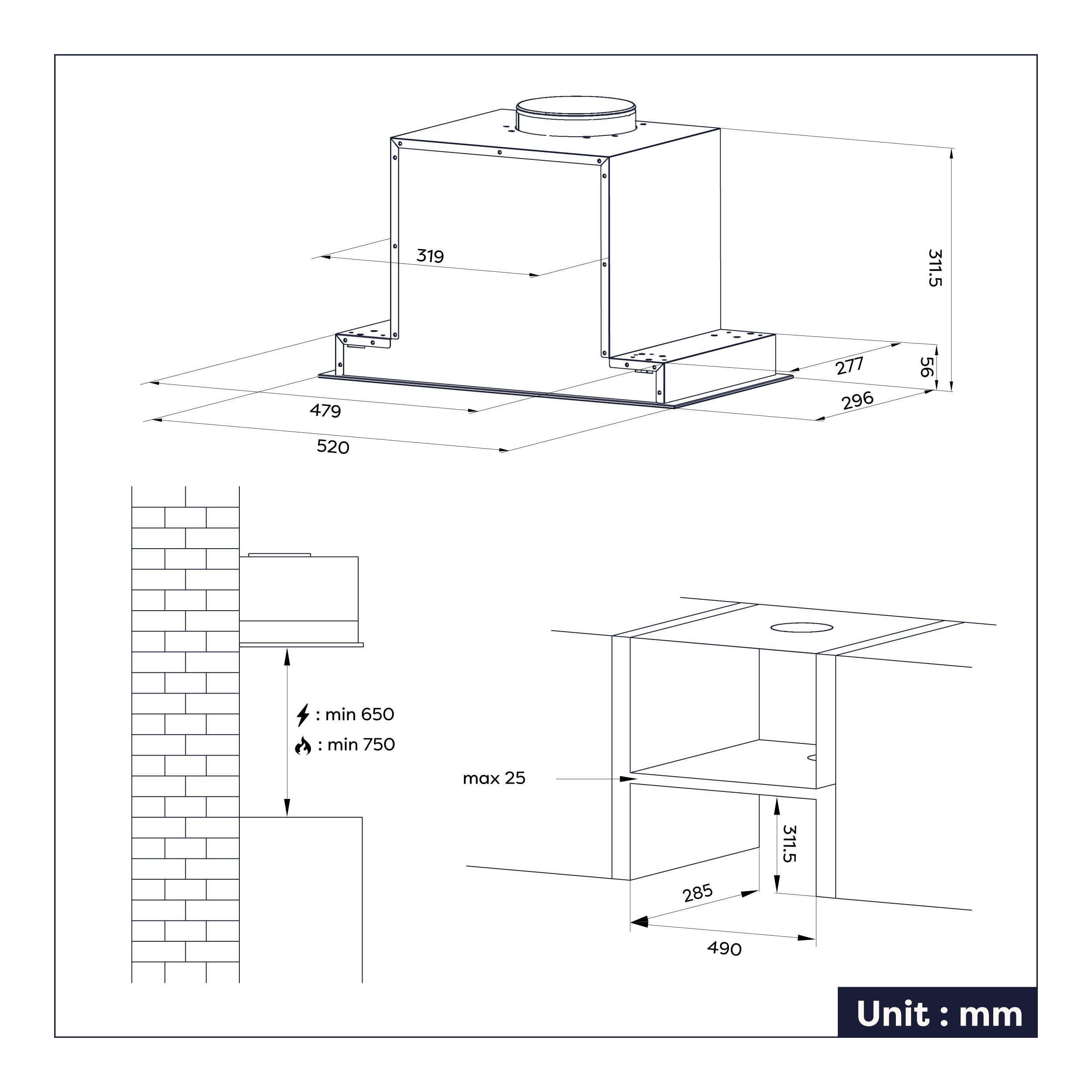 Ciarra CBCB5931C Cappa Aspirante Integrata da 52 cm, Con Controllo a Onda, Luce Led, Filtro a Carbone, Opzioni di Ricircolo e Canalizzazione, Cappa da Cucina Sottile Sottolavello