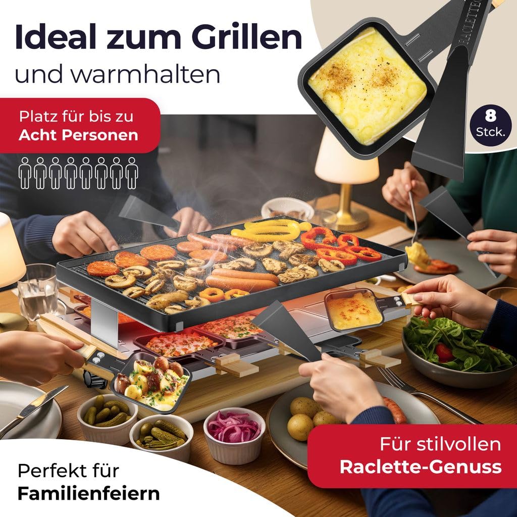 KESSER® Griglia per raclette con pietra naturale, piastra per grigliare griglia da tavolo per 8 persone, griglia elettrica per raclette con piastra antiaderente, 8 pentole e spatola di legno 1200W
