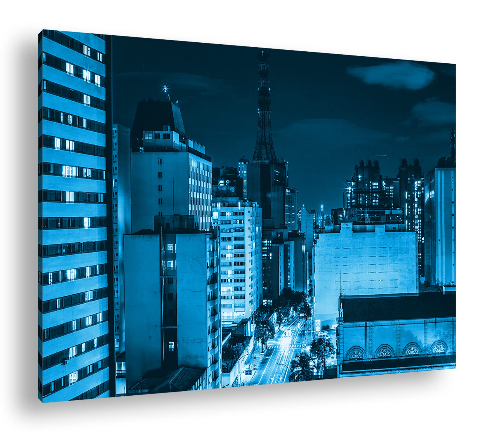Strade luminose della città, formato: 120 x 80 cm, effetto: disegno come tela, motivo già incorniciato su telaio in vero legno, stampa digitale di alta qualità con cornice, nessun poster o poster