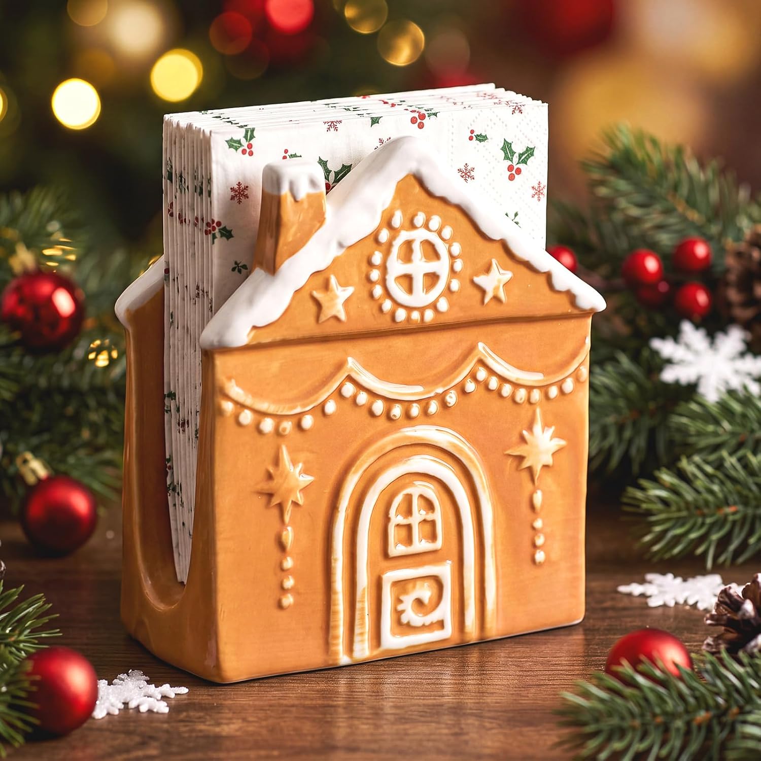 Yungyan Christmas Ceramic Napkins Holder Gingerbread House, 5.5 Inch