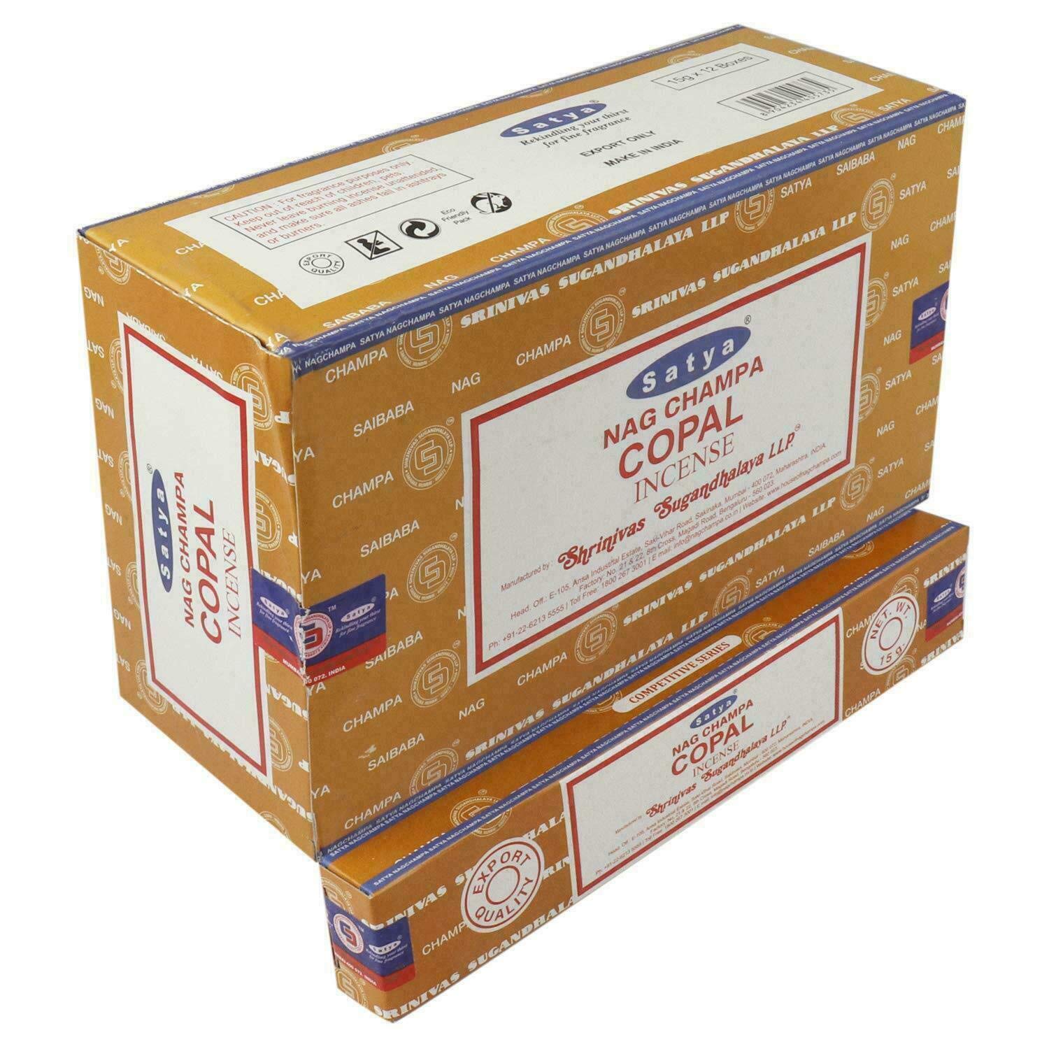 Satya Nag Champa Copal Incense Sticks – 3 x 15g Packs with JRose Wooden Burner – Natural Resin Aroma – Relaxation & Meditation – Spiritual & Cleansing Masala Incense