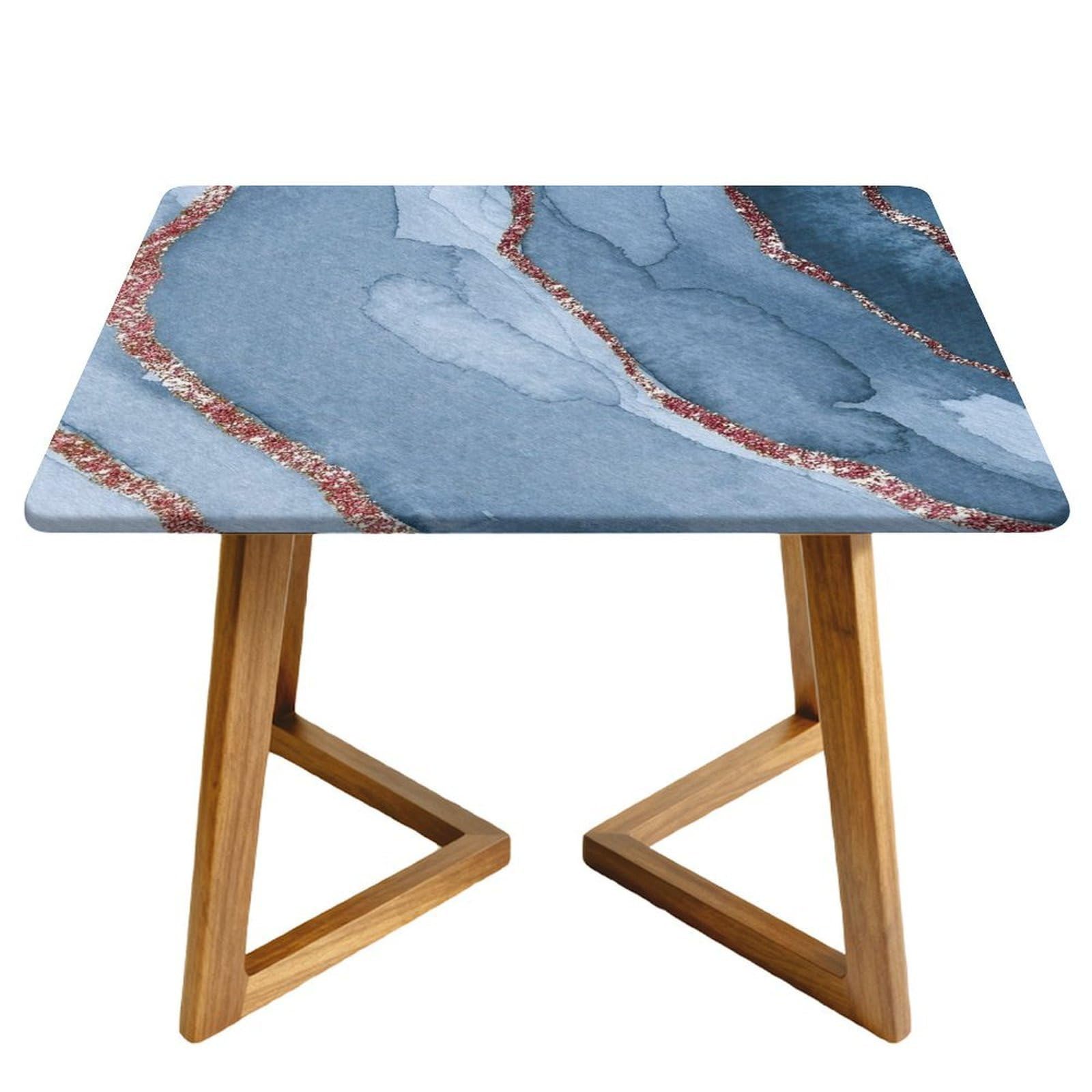 Morbuy Waterproof Oxford Cloth Tablecloth Cover, Elastic Square Fitted Tables for Kitchen/Garden, 3D Marble Print Stain-Resistant Table Cover (Blue Gold,100x100cm)