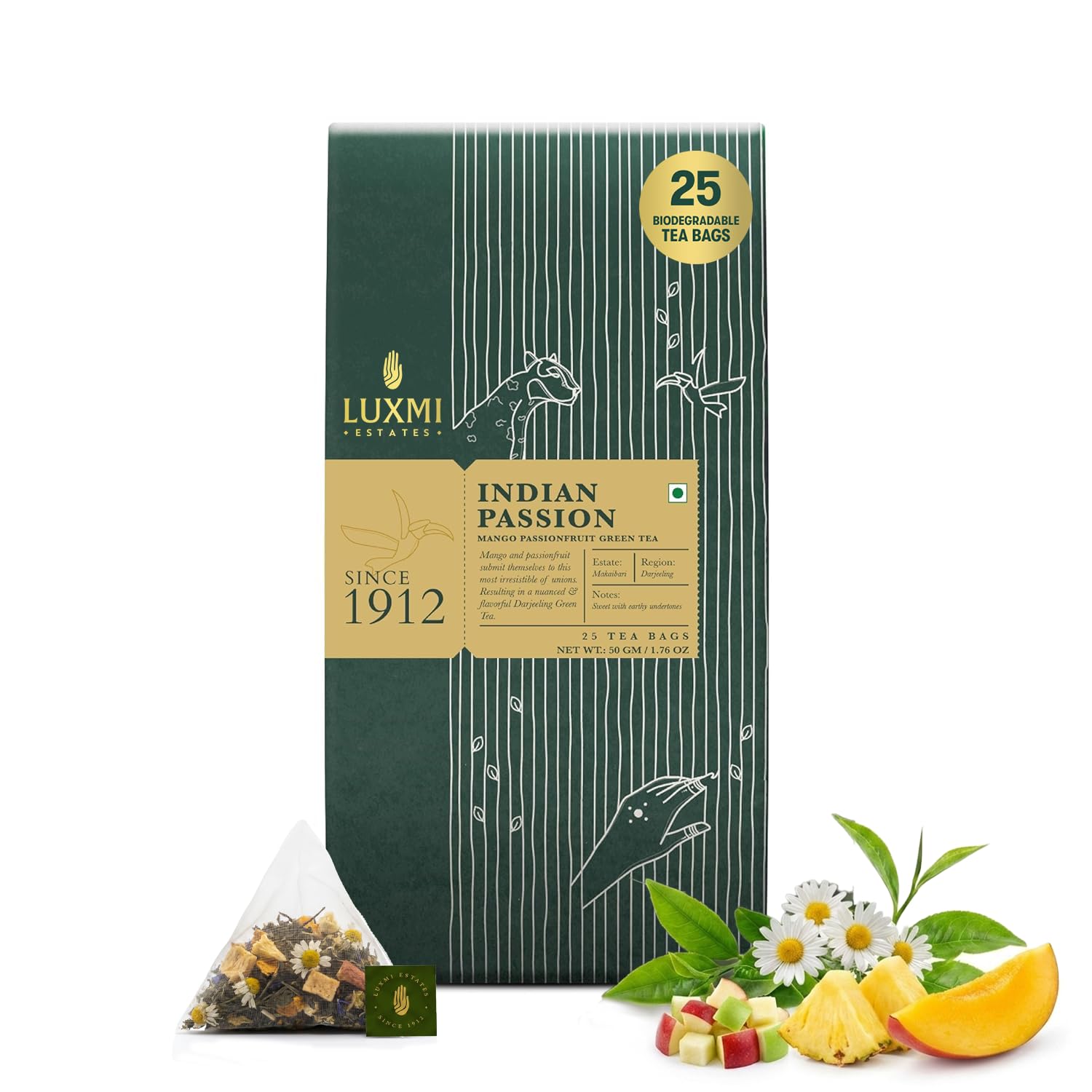 Luxmi Estates - Mango Passionfruit Darjeeling Green Tea, 25 Tea Bags (50g/1.76oz), 100% biodegradable Tea Bags Mango Passionfruit Green Tea 25 Tea Bags