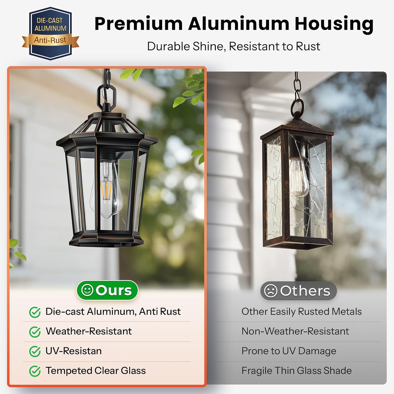 Gleamz Black Outdoor Hanging Lights with Dusk to Dawn Sensor, Hanging Light Fixture with Gold Trim, Exterior Ceiling Hanging Lanterns, Outside Pendant Lighting with Tempered Beveled Glass for Entryway