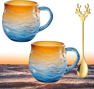 Golden Tide Mug, Handcrafted Sea Glass 12Oz Handblown Ocean Wave Pattern Mug Cup 2PCS