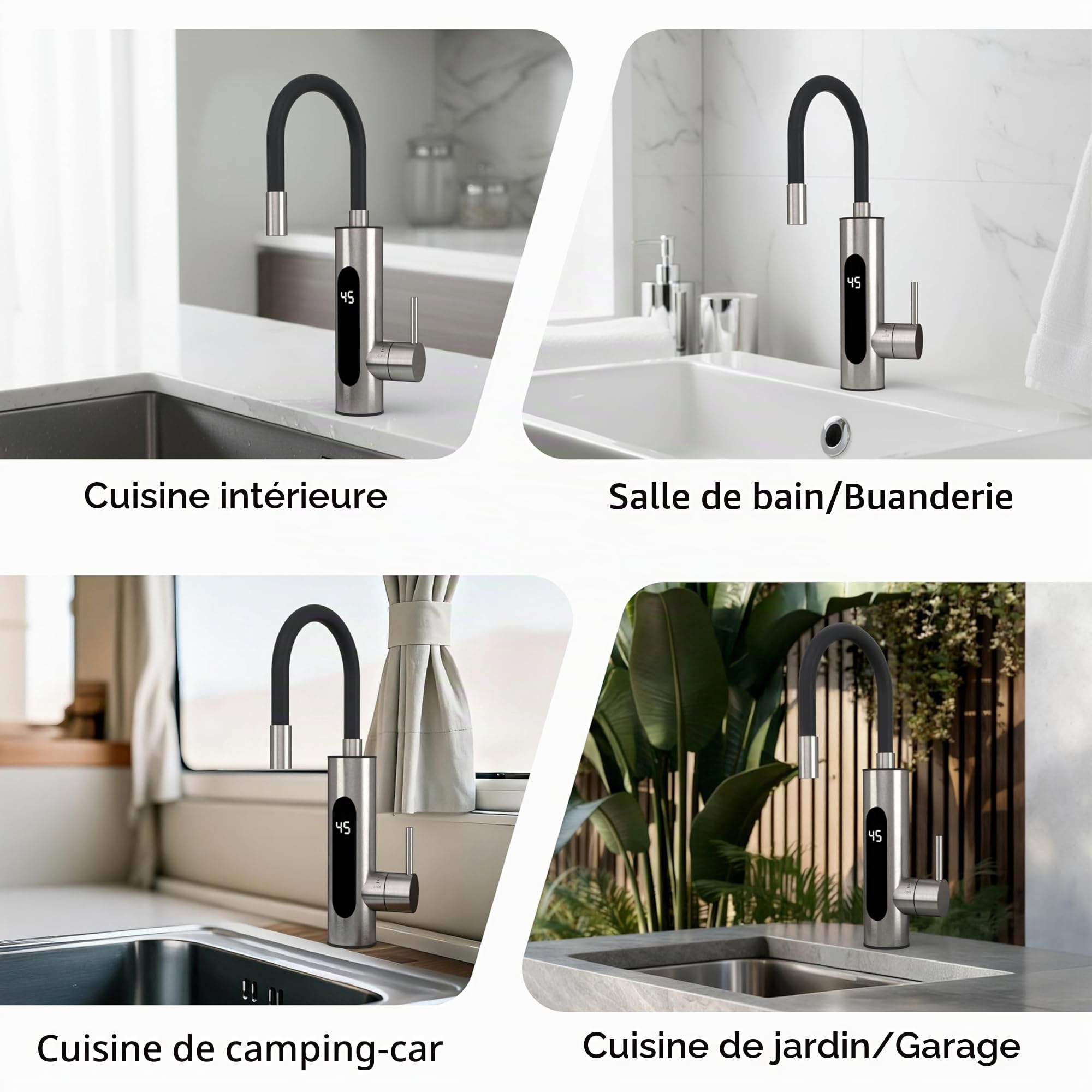 HOGART Robinet électrique avec chauffe-eau instantané 230 V pour cuisine, jardin, salle de bain, caravane, camping, 2 embouts, chauffage intelligent, robinet avec chauffe-eau instantané, robinet d'eau